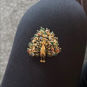 Elegant Gold and Multicolor Peacock Brooch